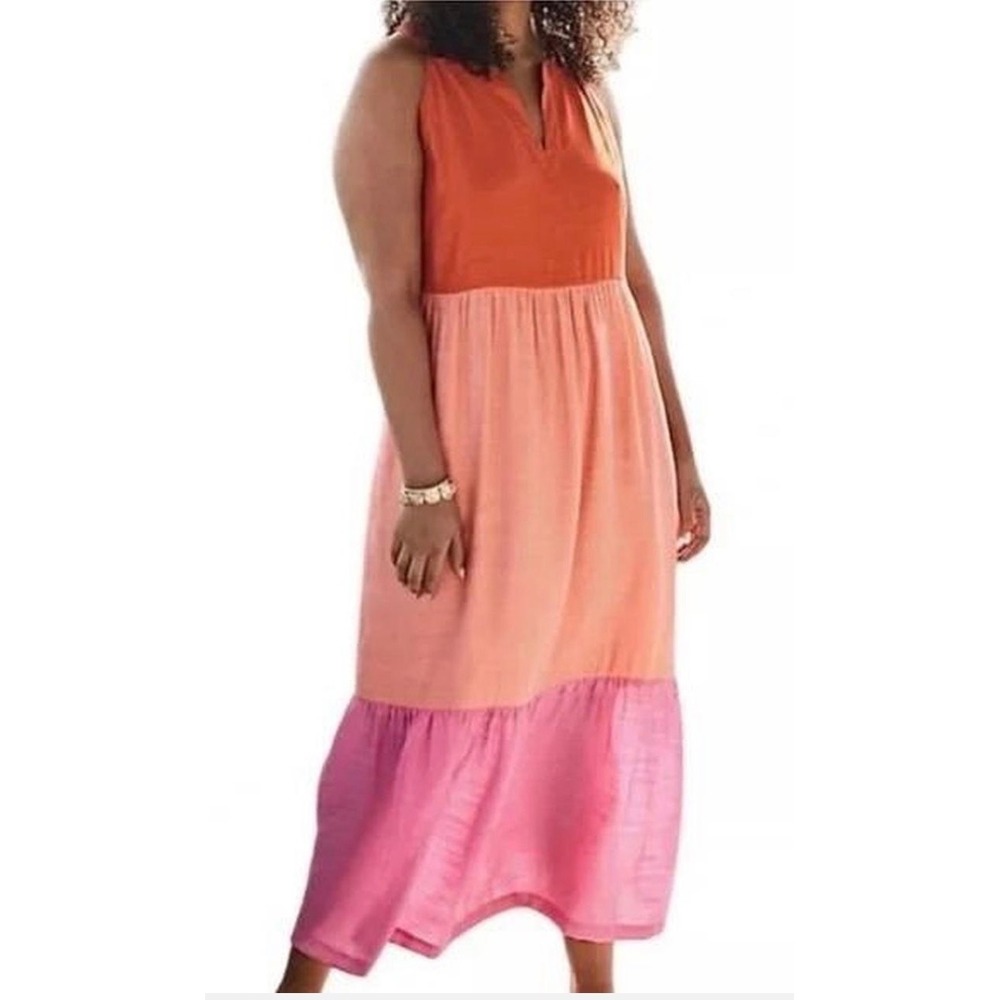 J. Jill Women Orange Pink Colorblock Tiered Maxi Dress Tall Medium Sleeveless